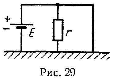 Схема электрической цепи к Задаче 25 Однопроводная линия с сопротивлением на единицу длины, питаемая батареей с э.д.с., закорочена на приемном конце. В каком месте линия должна иметь утечку с сопротивлением, чтобы ток на приемном конце был минимальным?