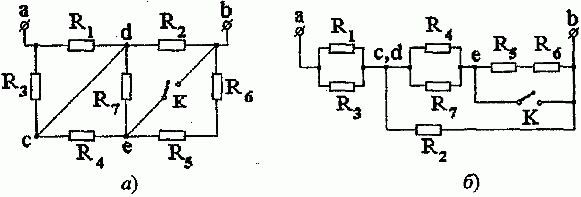 Задача 1.1. Определить эквивалентное сопротивление цепи между зажимами a и b при разомкнутом и замкнутом ключе К методом эквивалентных преобразований