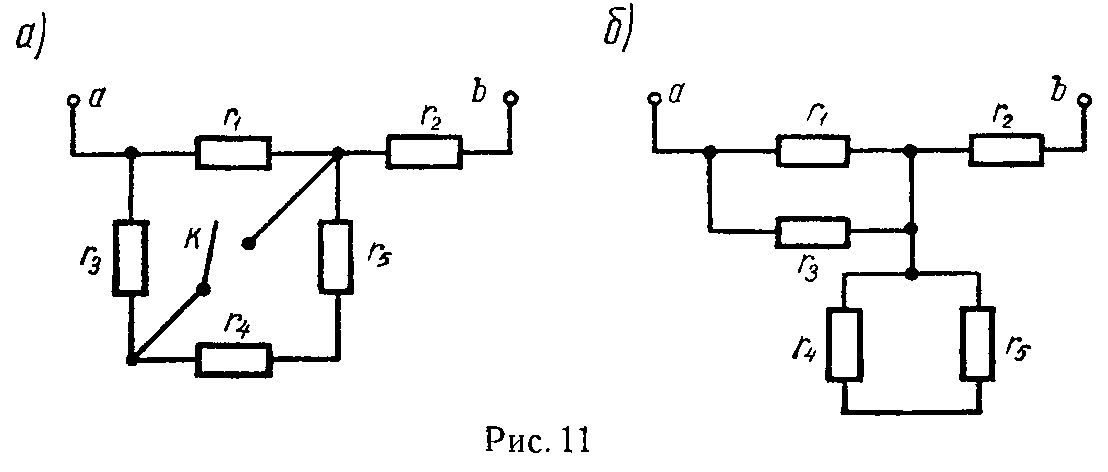 Схема электрической цепи к Задаче 3 Чему равно сопротивление цепи между зажимами a и b при разомкнутом и замкнутом ключе К?