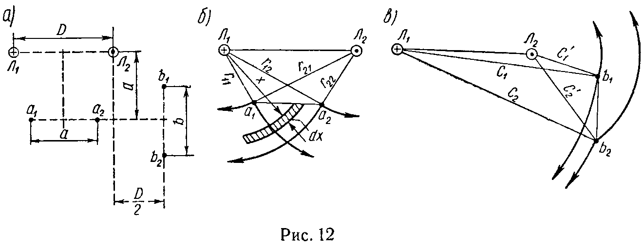 Два провода линии электропередачи Л1 и Л2 и две пары телефонных проводов (a1a2 и b1b2) расположены параллельно друг другу