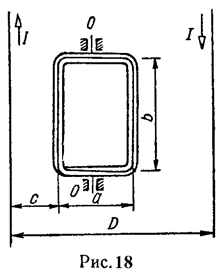 Катушка прямоугольной формы, средние размеры сторон которой равны a, b, содержащая w витков тонкой проволоки, находится в плоскости проводов двухпроводной линии передачи энергии, по которой проходит ток I